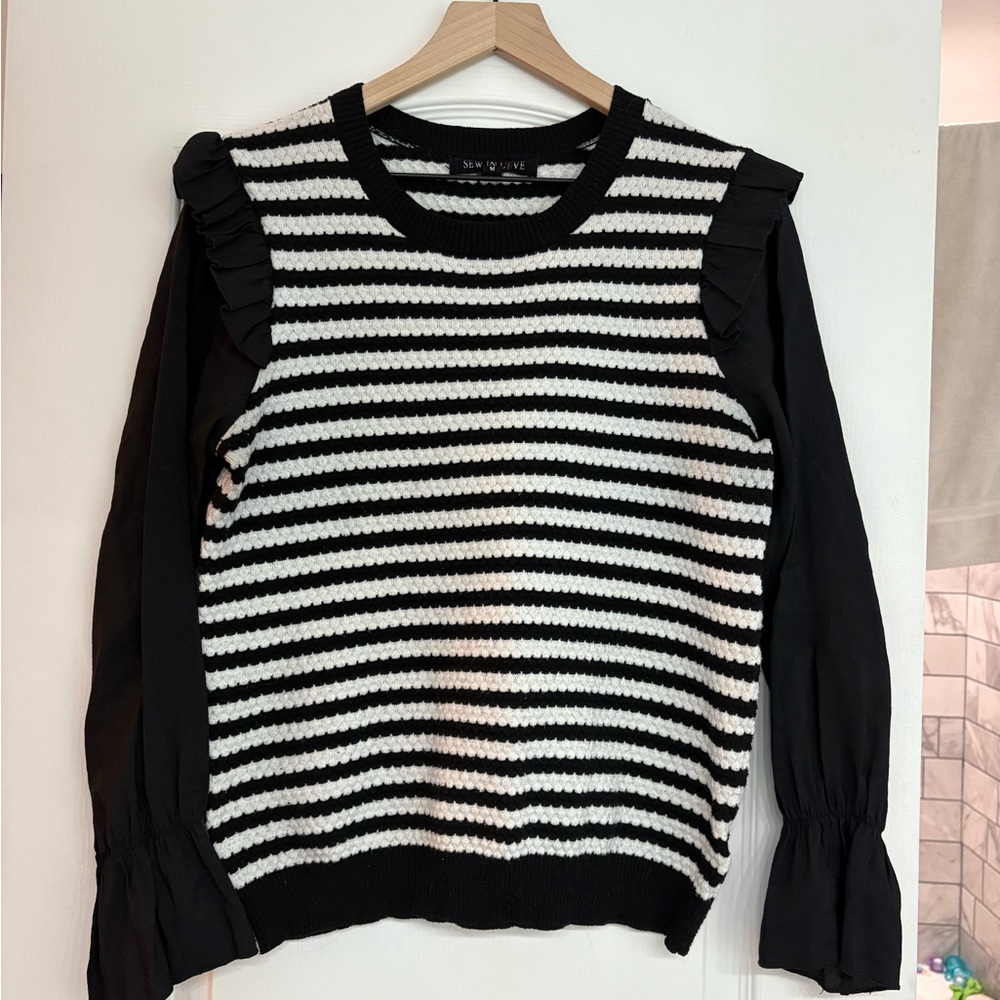 Black and White Striped Sweater with Ruffle Sleeves